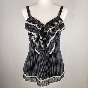 Y2K Babydoll Cami Tank Womens L Black White Polka Dot Ruffle Lace Fairy Grunge